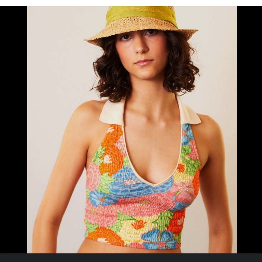 Zara Floral Halter Crop Top w/ Collar Size S